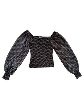 Anthropologie Black Print Ruched Blouse Puff Sleeve Top Sheer Square Neck S